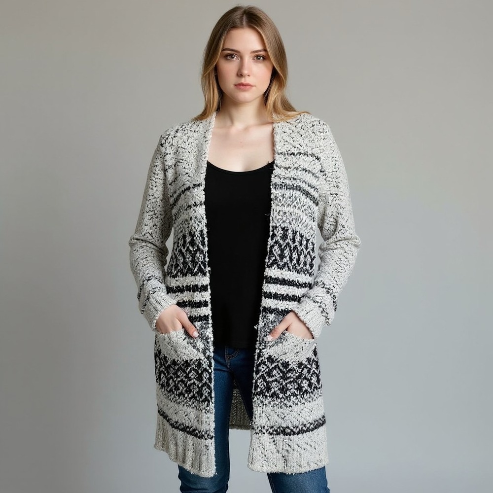 Solitaire Ravi Khosla Womens XL Popcorn Knit Cardigan Black White Lurex 18-248